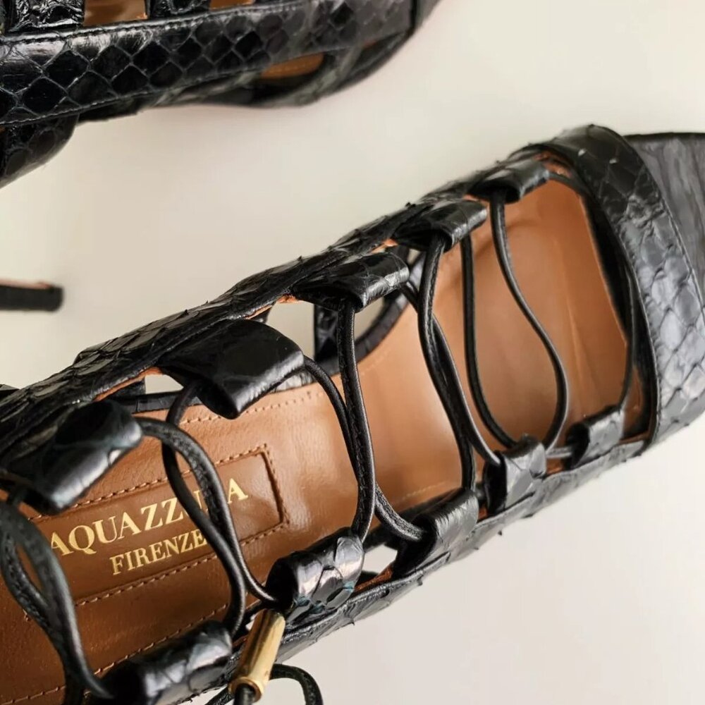 Women's Aquazzura Amazon Black Python Leather Str… - image 5